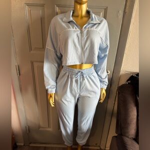 Cropped Zip-Front Lounge Jumpsuit - Light Blue